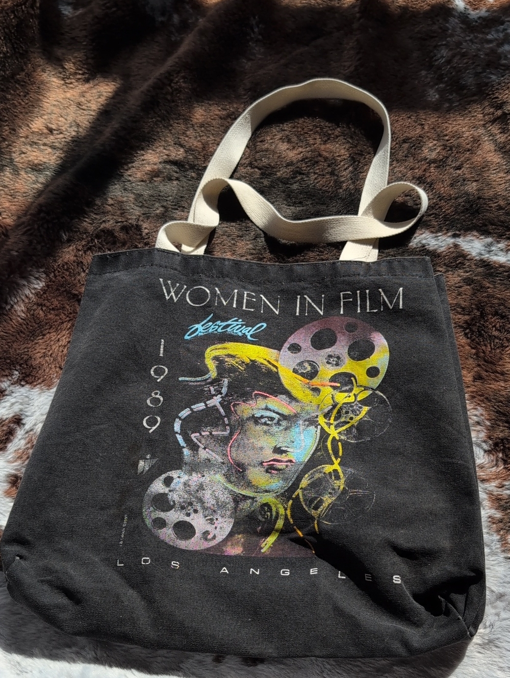 Vintage 1989 Women In Film Los Angeles Festival Black Graphic Tote Bag